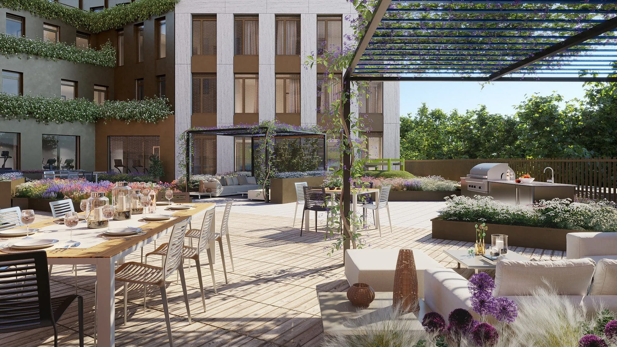 outdoor terrace with dining and kitchen one Clinton Brooklyn luxury rental building