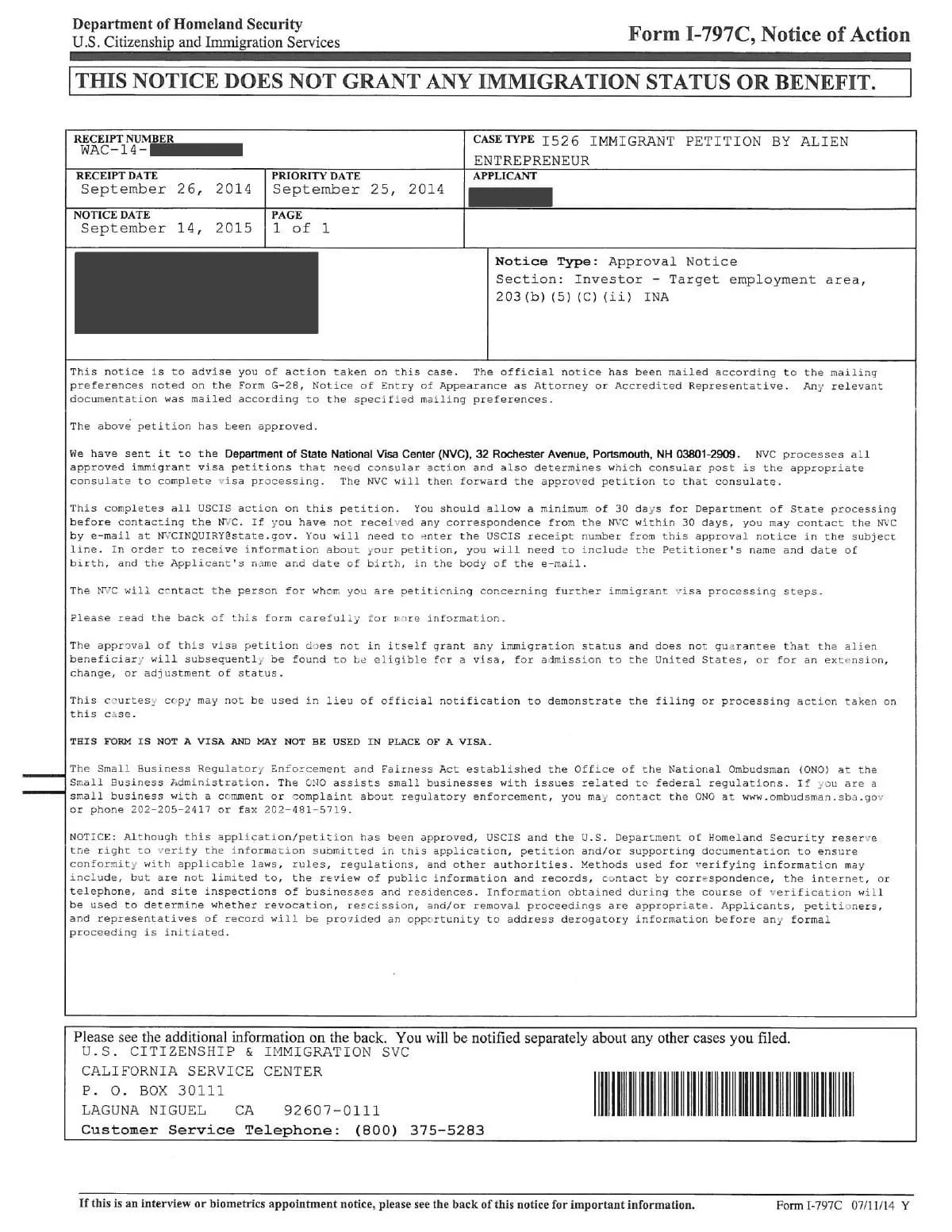 i-797C, notice of action