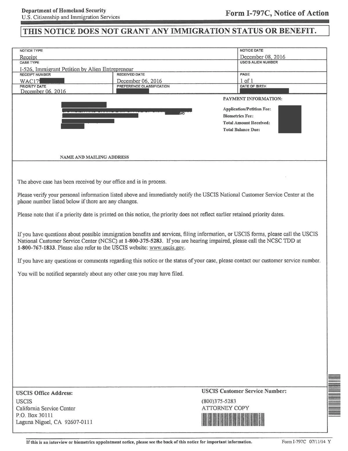 form i-797c, notice of action