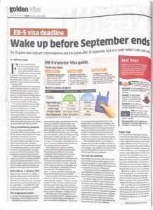 ET Wealth feature article: EB-5 visa deadline - Wake up before September ends