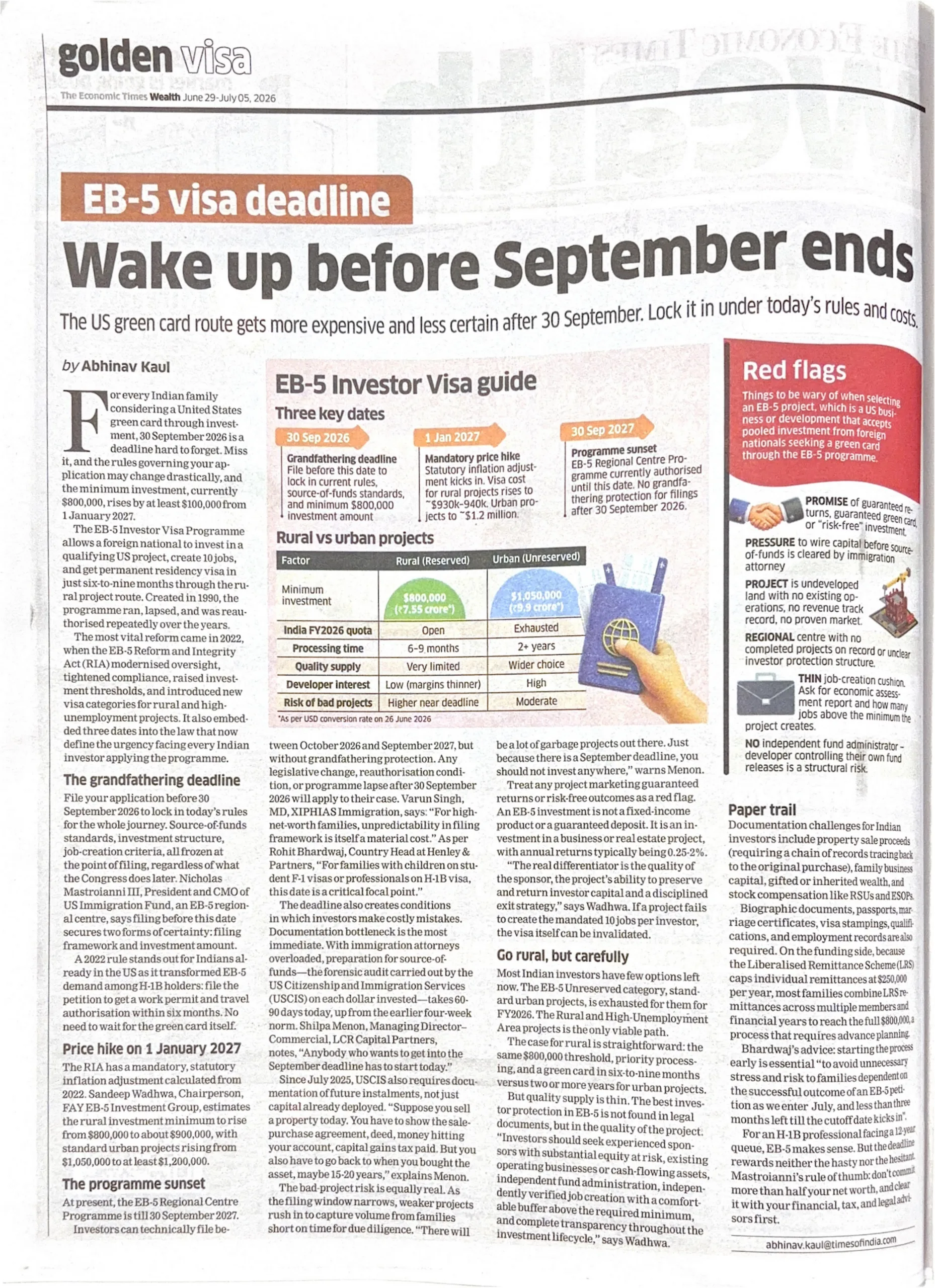 ET Wealth feature article: EB-5 visa deadline - Wake up before September ends